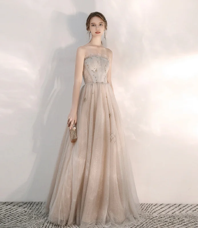 Easy-to-wear prom dresses for fun events-Champagne tulle sequins long prom dress A line evening dress 10472 Easy-to-wear prom dresses for fun events-Champagne tulle sequins long prom dress A line evening dress 10472