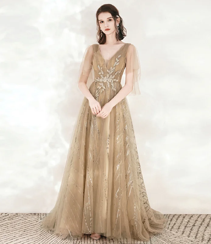 Soft pink prom dresses for a sweet style-Champagne tulle sequins long prom dress A line evening dress 10548 Soft pink prom dresses for a sweet style-Champagne tulle sequins long prom dress A line evening dress 10548