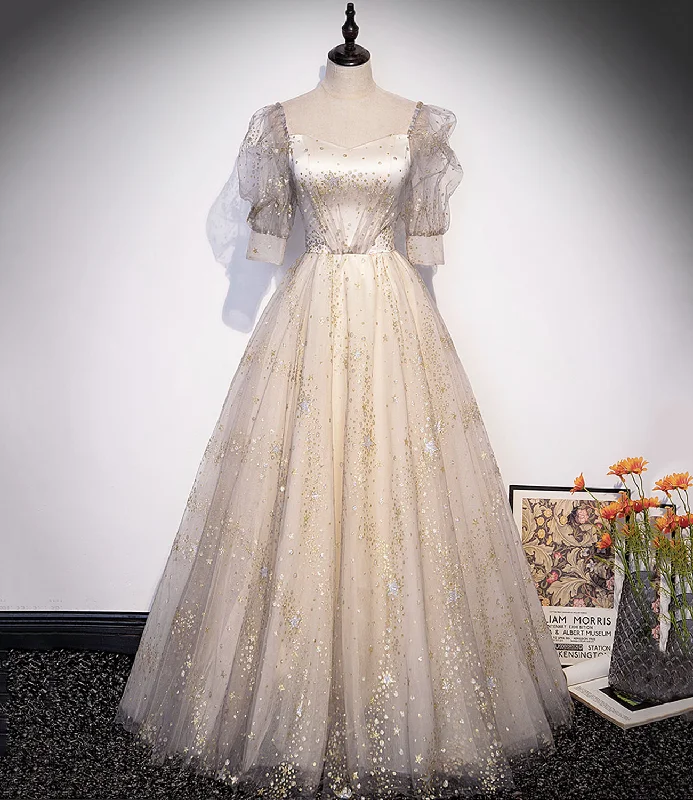 Prom dresses for winter parties-Champagne tulle sequins long prom dress A line evening gown 10327 Prom dresses for winter parties-Champagne tulle sequins long prom dress A line evening gown 10327