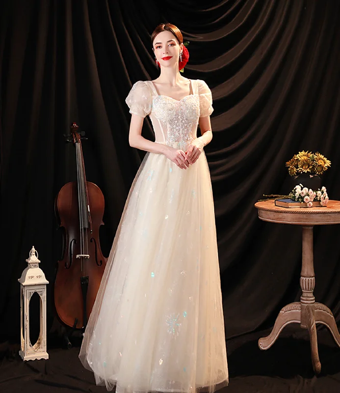 Elegant prom dresses for formal nights-Champagne tulle sequins long prom dress evening dress 10536 Elegant prom dresses for formal nights-Champagne tulle sequins long prom dress evening dress 10536
