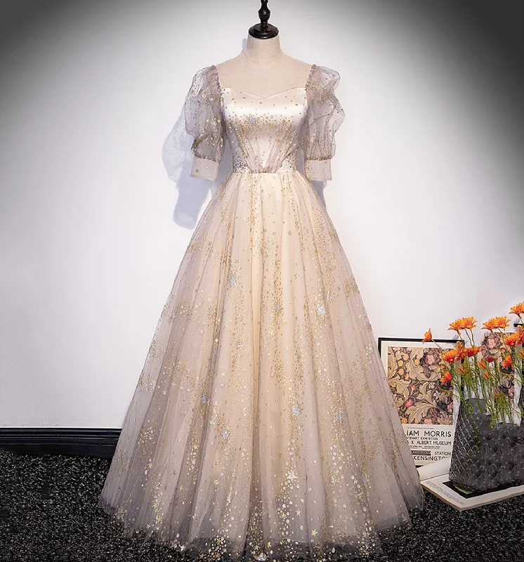Prom dresses with beading-Champagne tulle sequins long prom dress evening gown 10004 Prom dresses with beading-Champagne tulle sequins long prom dress evening gown 10004
