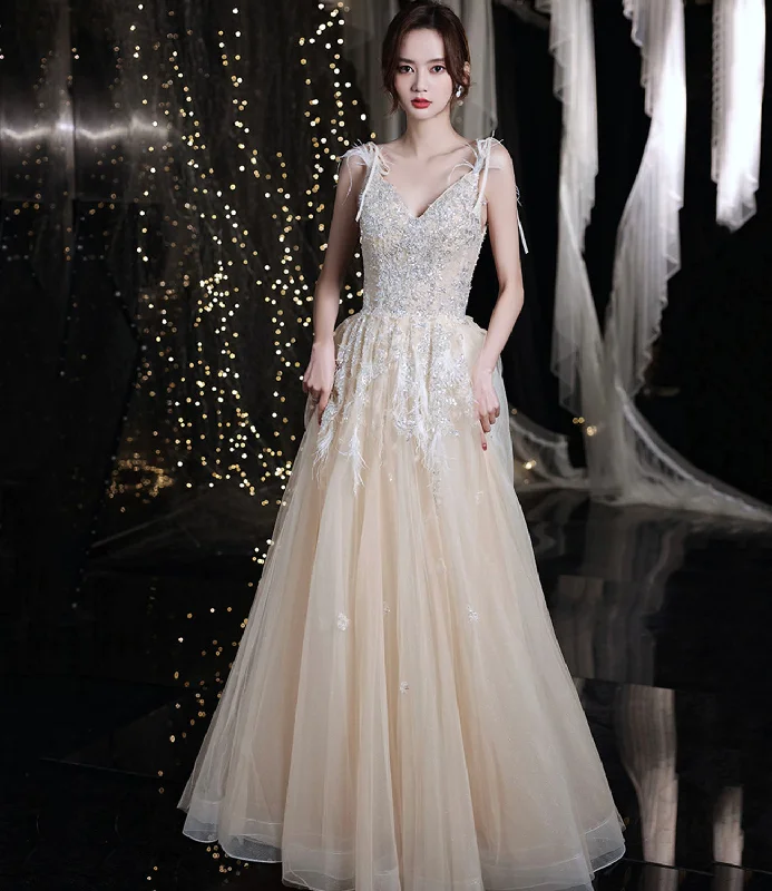Trendy prom dresses for high school-Champagne tulle sequins long prom dress evening gown  10281