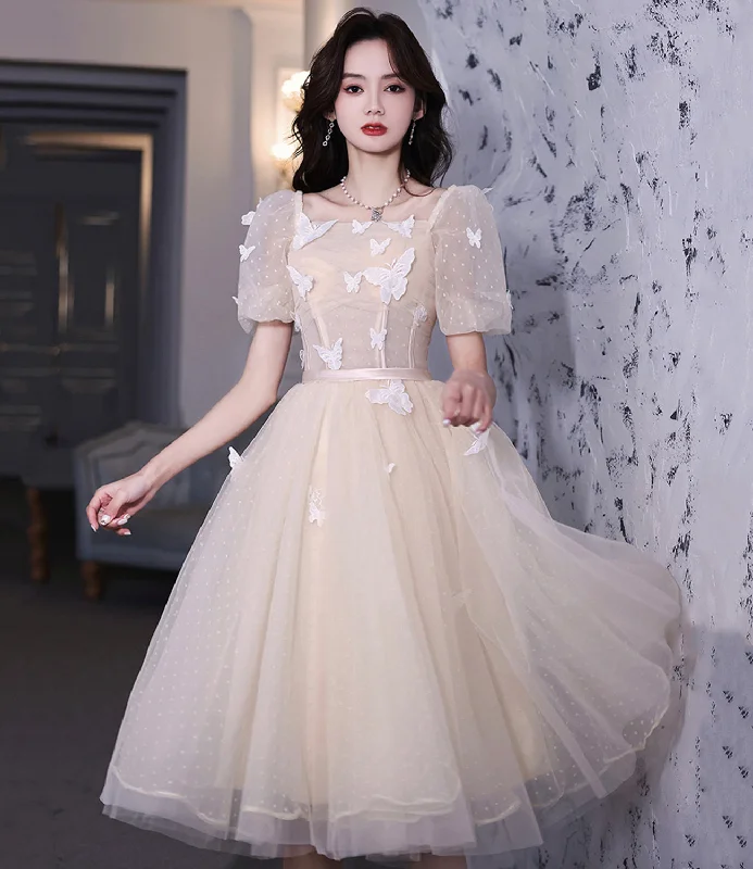 Prom dresses with denim jacket-Champagne tulle short prom dress party dress  8671