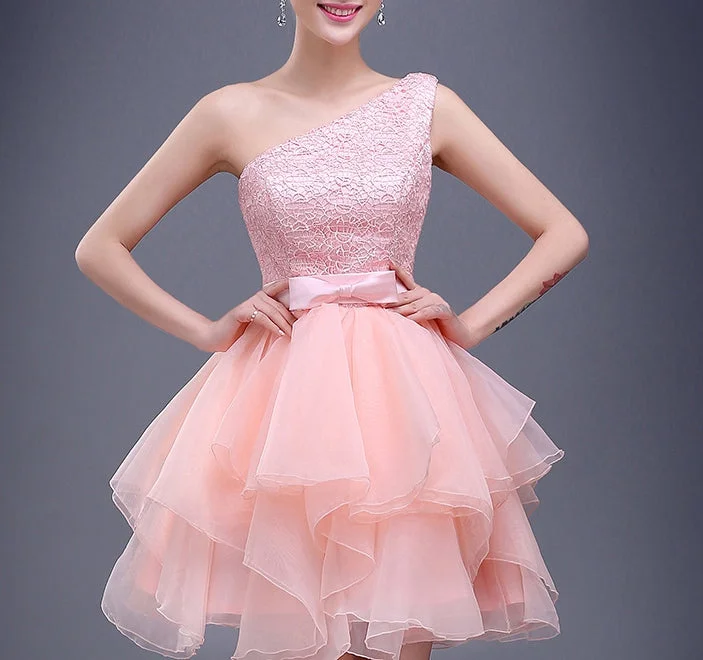 How to choose prom dress-Charming A-line pink lace one shoulder short prom dress,homecoming dresses 7704 How to choose prom dress-Charming A-line pink lace one shoulder short prom dress,homecoming dresses 7704