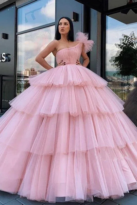 Light pink prom dresses for a soft look-Charming Ball Gown Tulle Pink One Shoulder Long Prom Dresses, Quinceanera Dresses gh2091 Light pink prom dresses for a soft look-Charming Ball Gown Tulle Pink One Shoulder Long Prom Dresses, Quinceanera Dresses gh2091