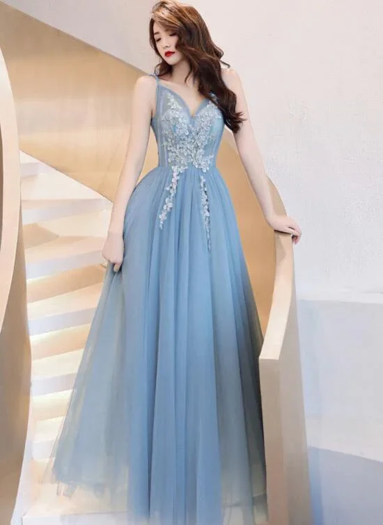 Prom dresses for plus-size women-Charming Blue V-Neckline Tulle Party Dress With Staps, Long Prom Dress gh373 Prom dresses for plus-size women-Charming Blue V-Neckline Tulle Party Dress With Staps, Long Prom Dress gh373