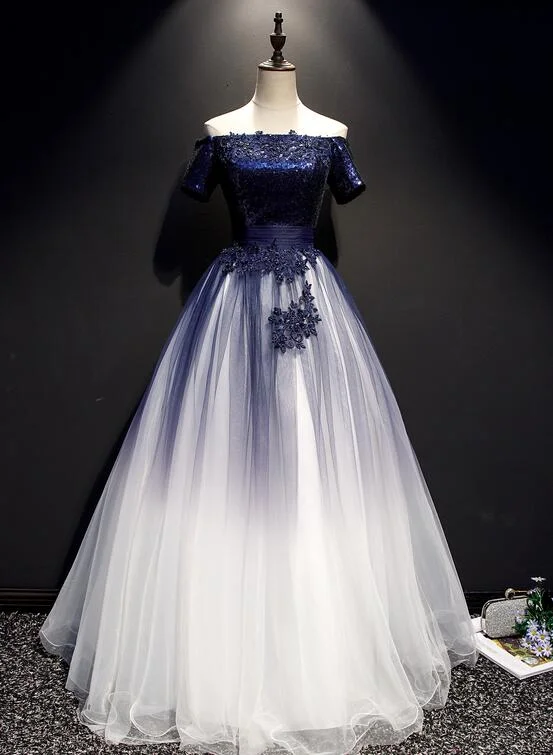 Gorgeous prom dresses for every budget-Charming Navy Blue Gradient Tulle With Lace Applique Party Gown, Short Sleeves Formal Dress gh502 Gorgeous prom dresses for every budget-Charming Navy Blue Gradient Tulle With Lace Applique Party Gown, Short Sleeves Formal Dress gh502