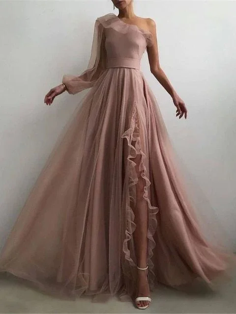 Mermaid style prom dresses for a bold look-Charming One-Shoulder A-Line Sexy Slit Sleeves Prom Dresses gh1840 Mermaid style prom dresses for a bold look-Charming One-Shoulder A-Line Sexy Slit Sleeves Prom Dresses gh1840