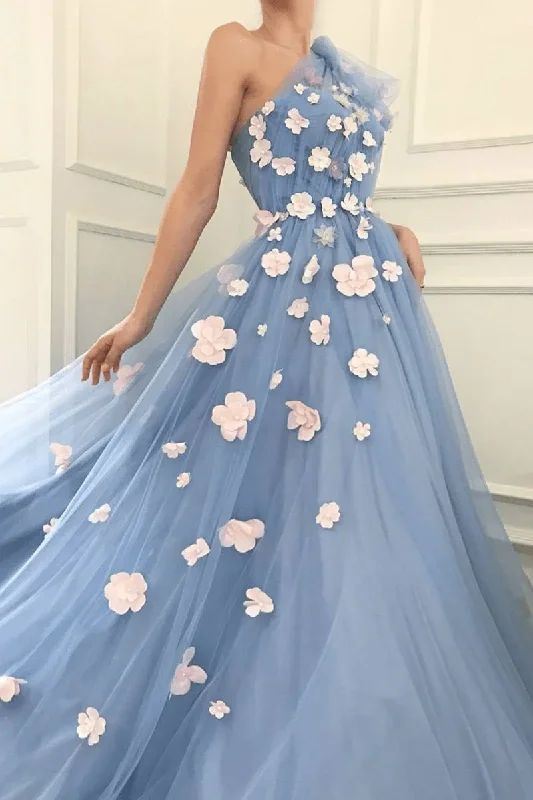 Sleek black prom dresses for a chic appearance-Charming One Shoulder Blue Tulle 3D Flowers Prom Dresses, Long Cheap Dance Dresses gh1964 Sleek black prom dresses for a chic appearance-Charming One Shoulder Blue Tulle 3D Flowers Prom Dresses, Long Cheap Dance Dresses gh1964