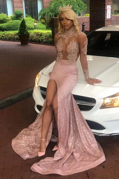 Flowing prom dresses with chiffon fabric-CHIC DUSTY PINK LONG SLEEVESS LACE APPLIQUES NEW ARRIVAL HIGH SPLIT SEQUINED LONG PROM GOWNS gh1786 Flowing prom dresses with chiffon fabric-CHIC DUSTY PINK LONG SLEEVESS LACE APPLIQUES NEW ARRIVAL HIGH SPLIT SEQUINED LONG PROM GOWNS gh1786