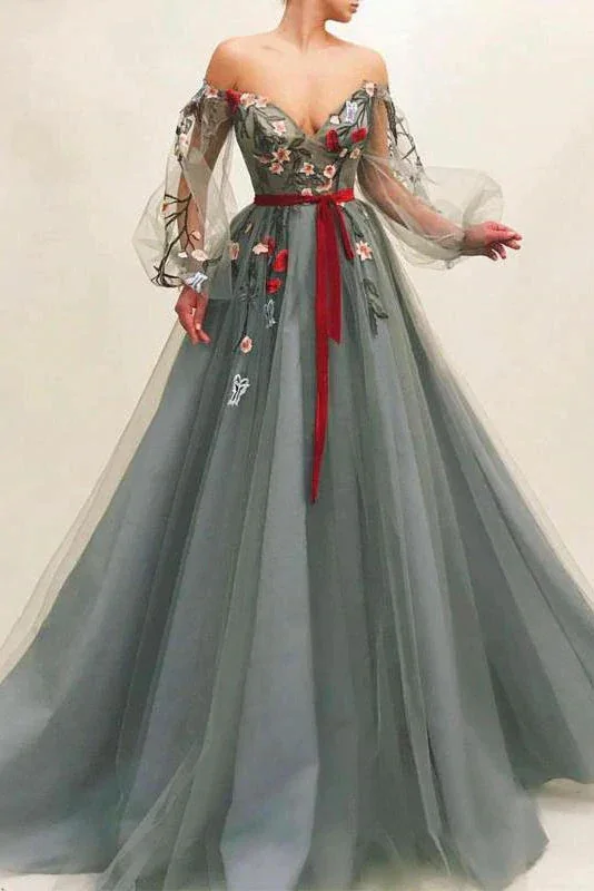 Prom dresses with feather accents-Chic Off The Shoulder Long Sleeves A Line Tulle Long Prom Dress With Flowers gh2109 Prom dresses with feather accents-Chic Off The Shoulder Long Sleeves A Line Tulle Long Prom Dress With Flowers gh2109