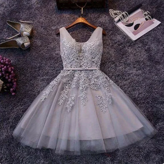 Prom dresses for winter parties-Cute A-line grey lace short prom dress,homecoming dresses 7578 Prom dresses for winter parties-Cute A-line grey lace short prom dress,homecoming dresses 7578