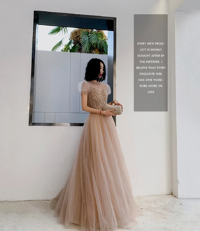 Red prom dresses for bold fashion-Cute tulle beads long prom dress A line evening gown  10264