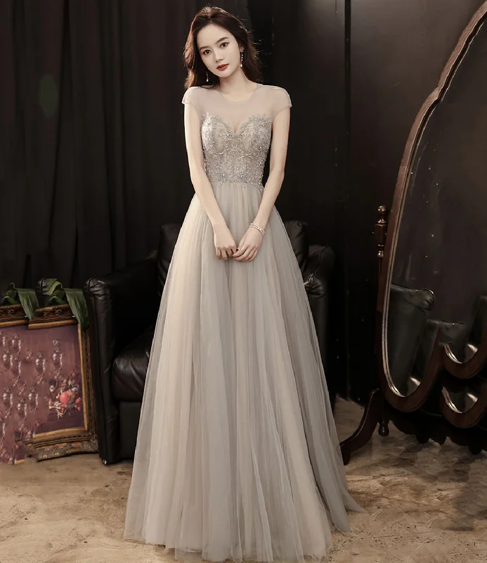 Sparkly prom dresses for a glamorous look-Cute tulle beads long prom dress A line evening gown  10279