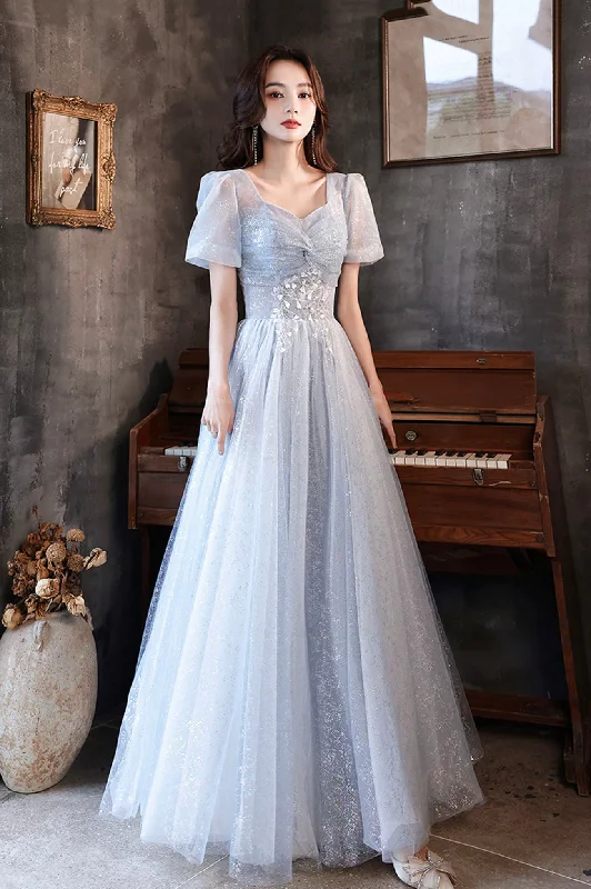 Short prom dresses for petite girls-Cute tulle beads long prom dress blue evening dress 10596 Short prom dresses for petite girls-Cute tulle beads long prom dress blue evening dress 10596