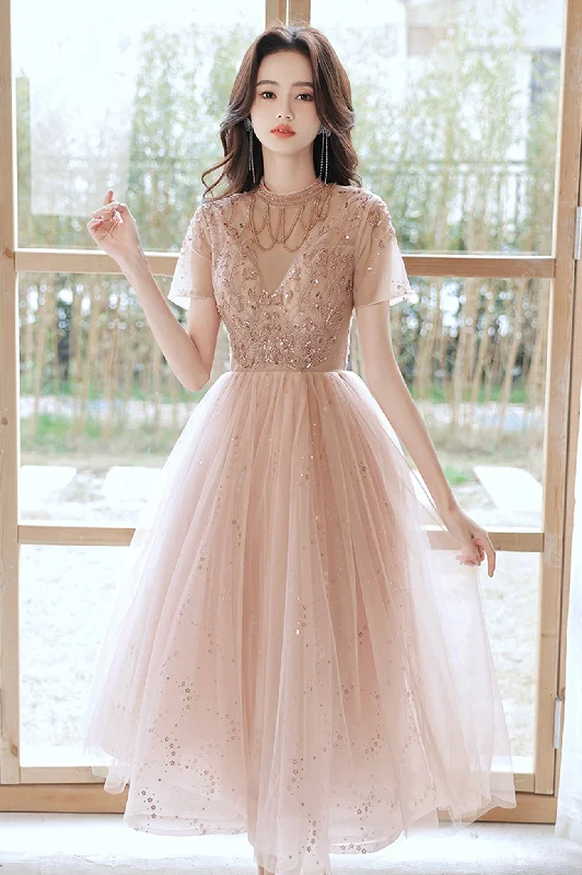 Satin and lace prom dresses for elegance-Cute tulle beads short prom dress A line party dress 10519 Satin and lace prom dresses for elegance-Cute tulle beads short prom dress A line party dress 10519