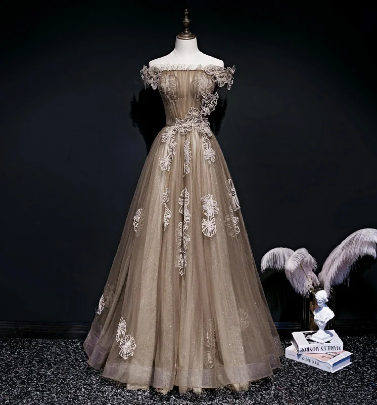 Prom dresses with lace-Cute tulle long A line prom dress cute evening dress  8694