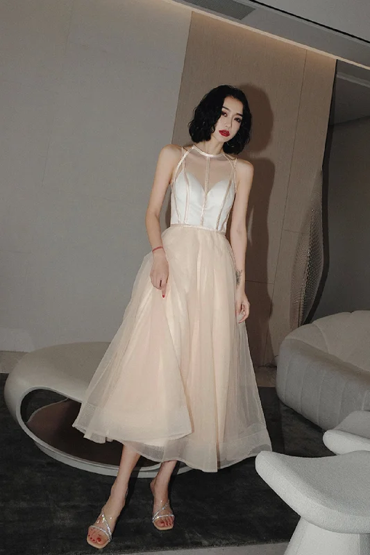 Prom dresses for outdoor events-Cute tulle see through short prom dress champagne evening dress 8674 Prom dresses for outdoor events-Cute tulle see through short prom dress champagne evening dress 8674