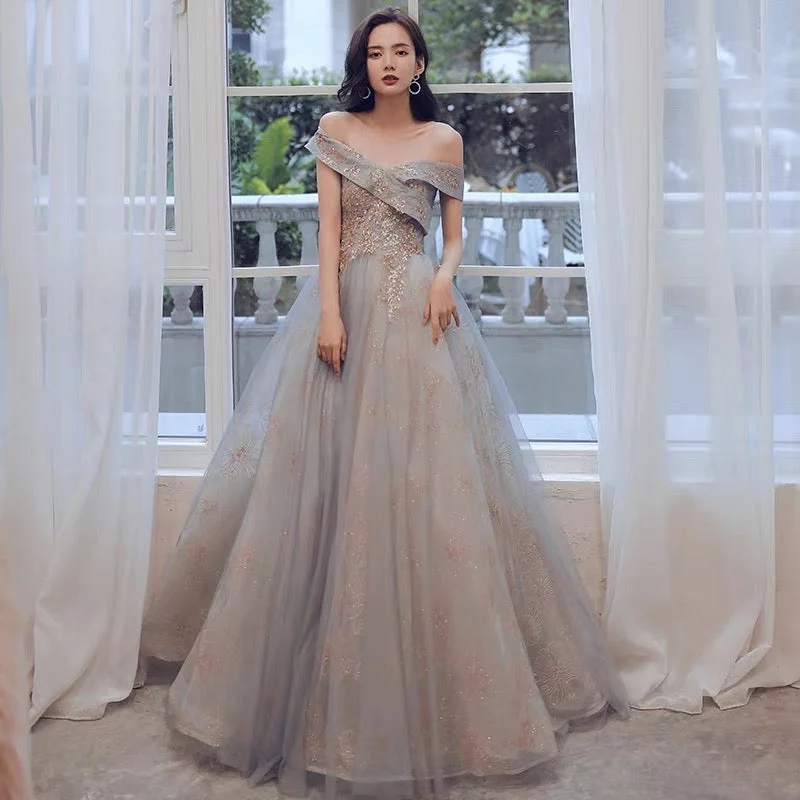 Easy-to-wear prom dresses for fun events-Cute tulle sequins long prom dress A line evening gown  10124