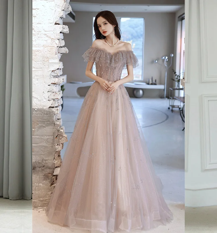 Prom dresses with flowers-Cute tulle sequins long prom dress evening dress  8643