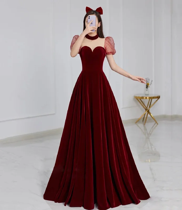 Prom dresses with hearts-Cute velvet long prom dress burgundy A line evening dress 8652 Prom dresses with hearts-Cute velvet long prom dress burgundy A line evening dress 8652