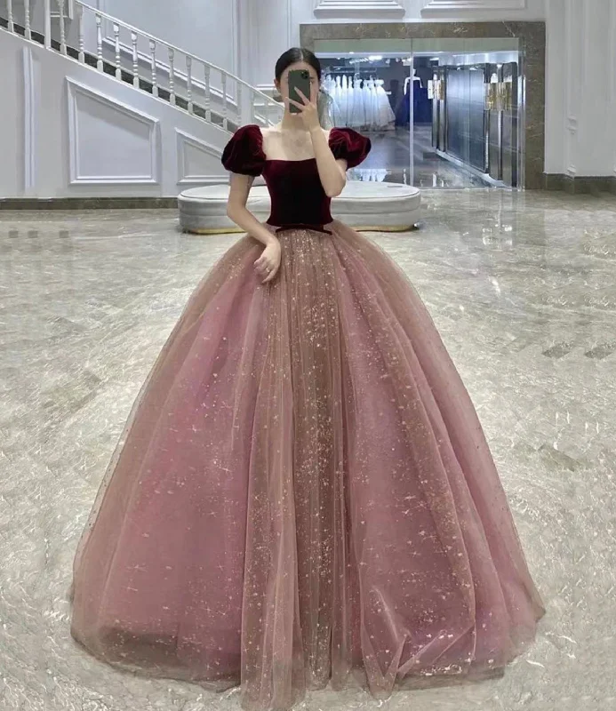 Light pink prom dresses for a soft look-Cute velvet tulle long prom dress A line evening gown  10516