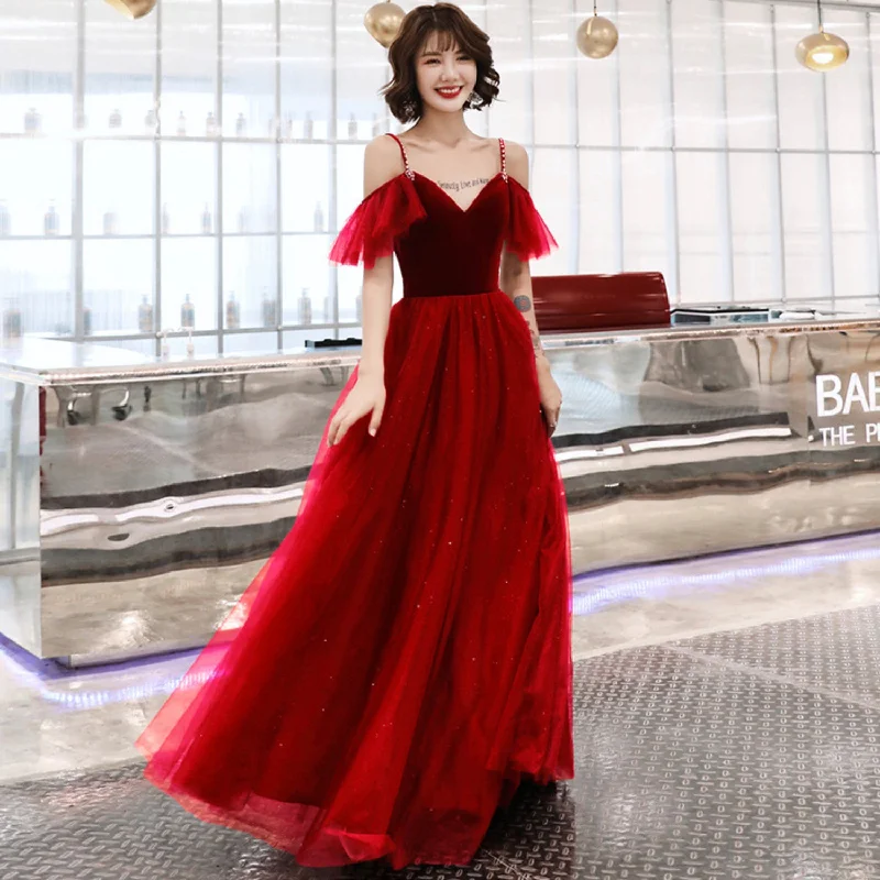 Prom dresses for casual wear-Cute velvet tulle long prom dress evening dress  8986