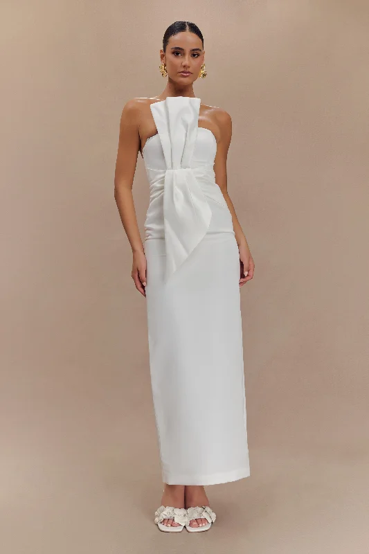 Affordable prom dresses for teens-Cyrill Strapless Satin Structured Maxi Dress - White Affordable prom dresses for teens-Cyrill Strapless Satin Structured Maxi Dress - White