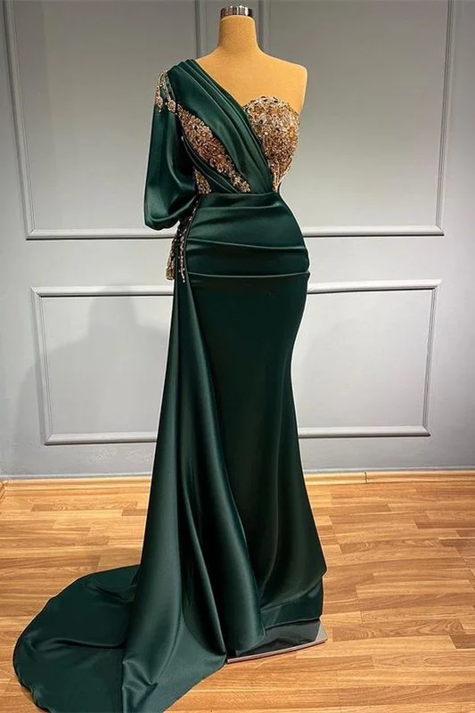 Off-shoulder prom dresses for a chic style-Dark Green One-Shoulder Mermaid Beads Prom Dress With Appliques gh713 Off-shoulder prom dresses for a chic style-Dark Green One-Shoulder Mermaid Beads Prom Dress With Appliques gh713