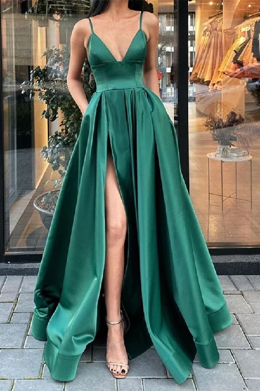 Soft pink prom dresses for a sweet style-Dark Green Prom Dress Split With Pockets gh686 Soft pink prom dresses for a sweet style-Dark Green Prom Dress Split With Pockets gh686