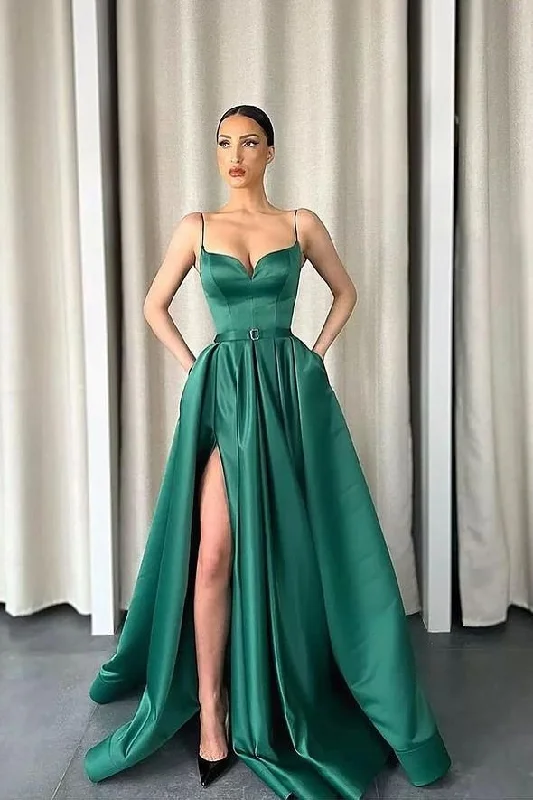 Unique prom dresses with lace details-Dark Green Spaghetti-Straps V-Neck Long A-Line Prom Dress With Split gh720 Unique prom dresses with lace details-Dark Green Spaghetti-Straps V-Neck Long A-Line Prom Dress With Split gh720