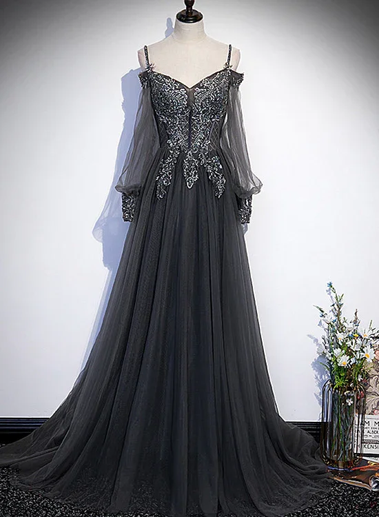 Prom dresses for Easter-Dark Grey Long Sleeves Lace Applique A-Line Prom Dress, Grey Long Formal Dresses gh48 Prom dresses for Easter-Dark Grey Long Sleeves Lace Applique A-Line Prom Dress, Grey Long Formal Dresses gh48