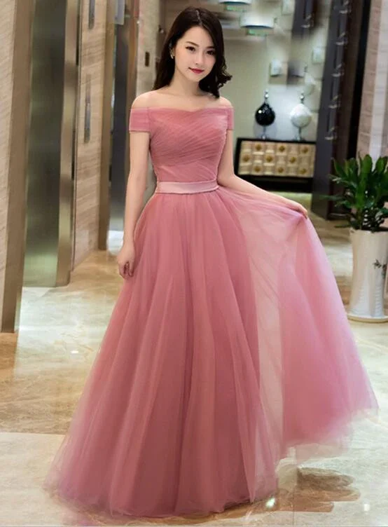 Simple but elegant prom gowns-Dark Pink Tulle Off Shoulder Bridesmaid Dress, Long Party Gown gh476 Simple but elegant prom gowns-Dark Pink Tulle Off Shoulder Bridesmaid Dress, Long Party Gown gh476