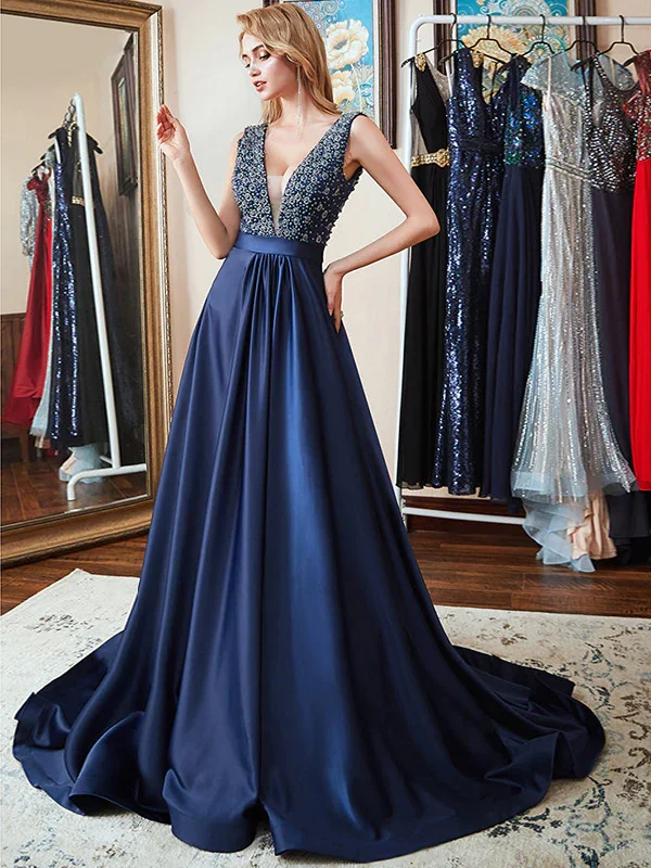 Soft pastels for prom dress styles-Double V-Neck Navy Blue Beads Crystal A Line Formal Prom Dresses gh1056 Soft pastels for prom dress styles-Double V-Neck Navy Blue Beads Crystal A Line Formal Prom Dresses gh1056
