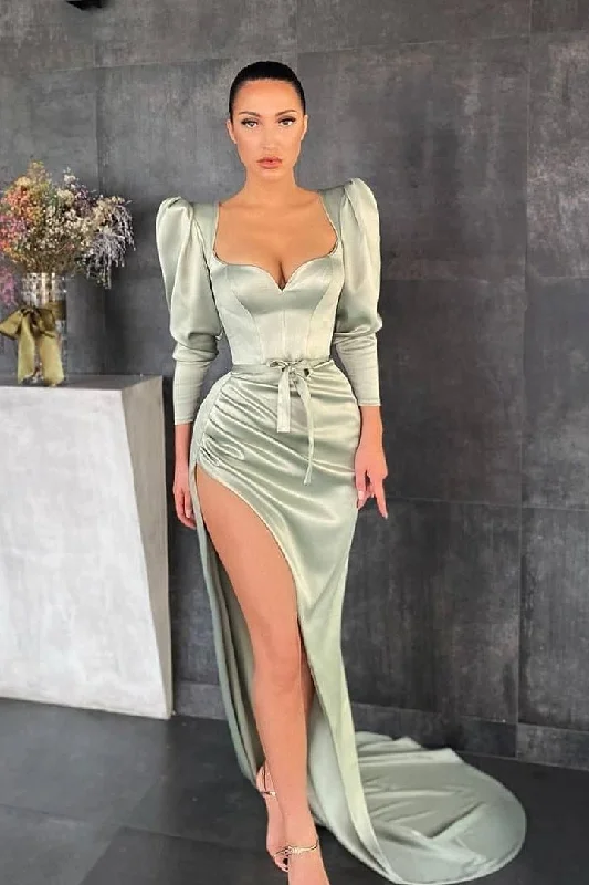 Elegant prom dresses with tulle skirts-Dusty Sage Long Sleeves Prom Dress Split With A Bowknot gh652 Elegant prom dresses with tulle skirts-Dusty Sage Long Sleeves Prom Dress Split With A Bowknot gh652