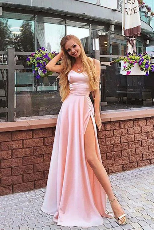 Sleek black prom dresses for a chic appearance-Elegant A Line Sweetheart Spaghetti Straps Chiffon Slit Pink Long Prom Dresses gh873 Sleek black prom dresses for a chic appearance-Elegant A Line Sweetheart Spaghetti Straps Chiffon Slit Pink Long Prom Dresses gh873