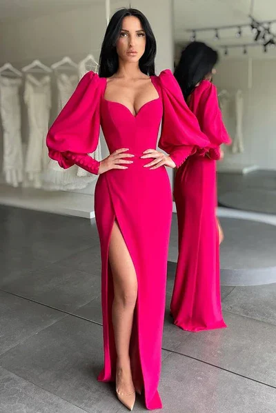 Prom dresses with end-of-summer vibes-ELEGANT BUBBLE SLEEVES SWEETHEART RED SIDE-CUT MERMAID PROM DRESS gh1872 Prom dresses with end-of-summer vibes-ELEGANT BUBBLE SLEEVES SWEETHEART RED SIDE-CUT MERMAID PROM DRESS gh1872