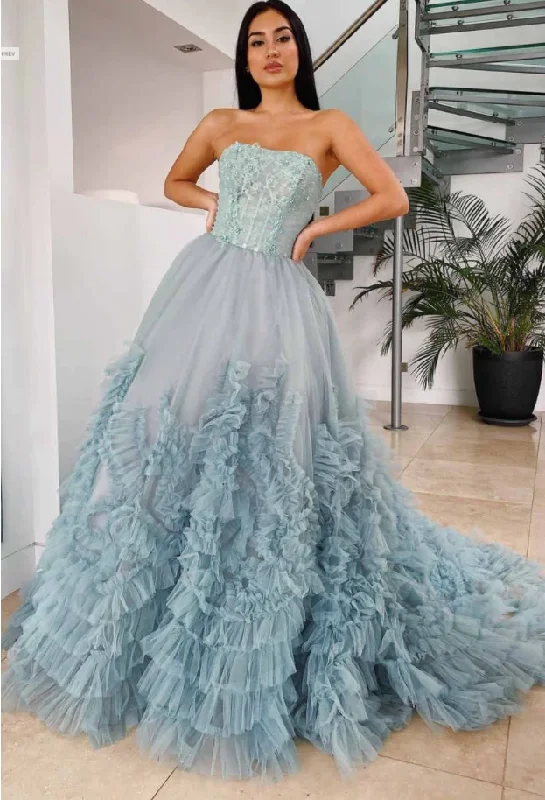 Show-stopping prom dresses for bold statements-Elegant Dusty Blue Strapless Ruffles Long Prom Dress gh2248 Show-stopping prom dresses for bold statements-Elegant Dusty Blue Strapless Ruffles Long Prom Dress gh2248