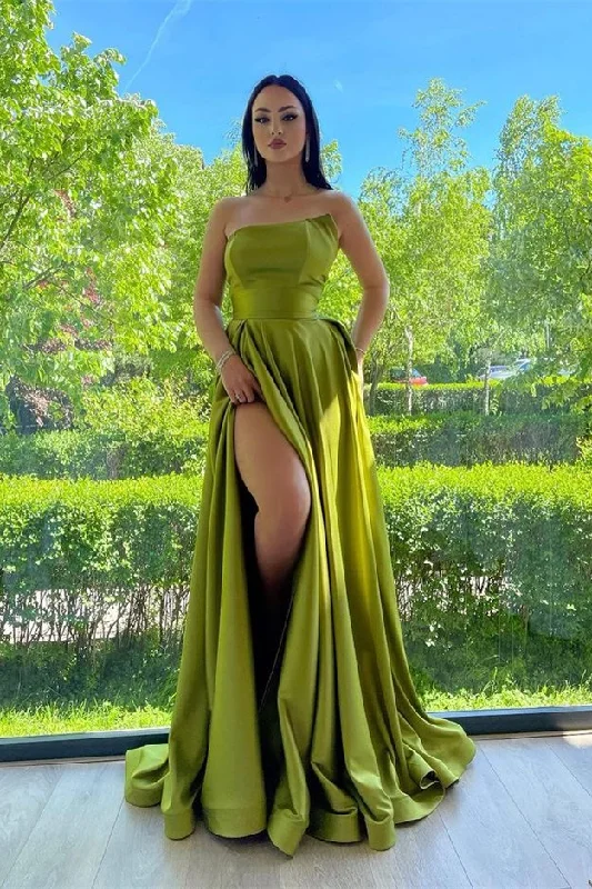 Prom dresses for outdoor events-Elegant Green Strapless A-Line Prom Dress With Split gh774 Prom dresses for outdoor events-Elegant Green Strapless A-Line Prom Dress With Split gh774
