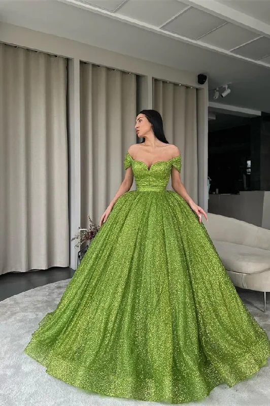Prom dresses with countdown themes-Elegant Off-the-Shoulder Green A-line Sequined Prom Dress gh1860 Prom dresses with countdown themes-Elegant Off-the-Shoulder Green A-line Sequined Prom Dress gh1860