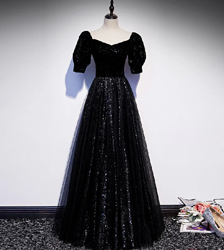 Strappy prom dresses for elegance-Elegant tulle sequins long prom dress black evening dress 8554 Strappy prom dresses for elegance-Elegant tulle sequins long prom dress black evening dress 8554