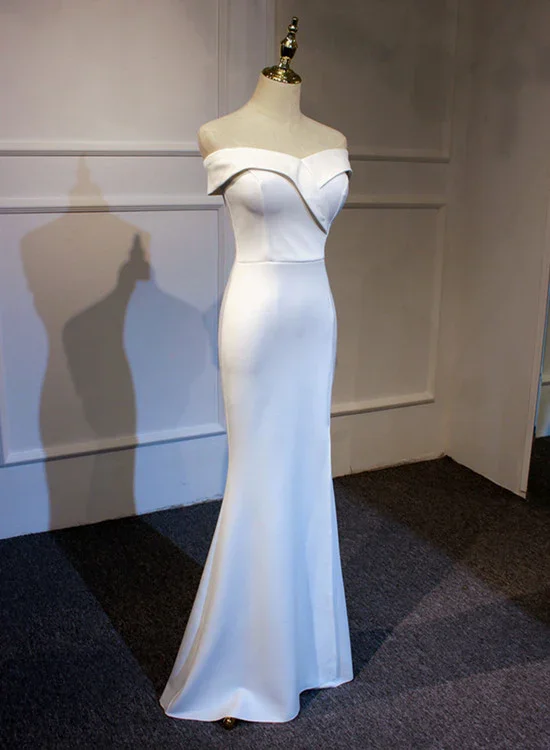 Sleek prom dresses with minimal detailing-Elegant White Off Shoulder Slit Mermaid Party Dress, White Party Gown gh407 Sleek prom dresses with minimal detailing-Elegant White Off Shoulder Slit Mermaid Party Dress, White Party Gown gh407