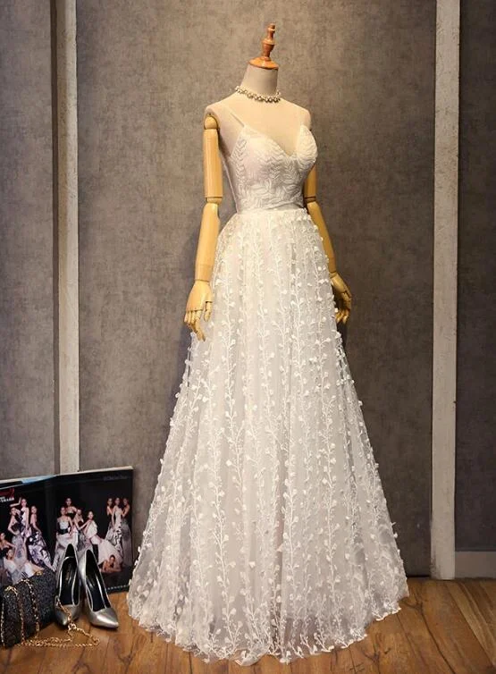 Unique high-fashion prom dresses for teens-Elegant White Straps Floral Long Prom Dress Party Dress gh378 Unique high-fashion prom dresses for teens-Elegant White Straps Floral Long Prom Dress Party Dress gh378