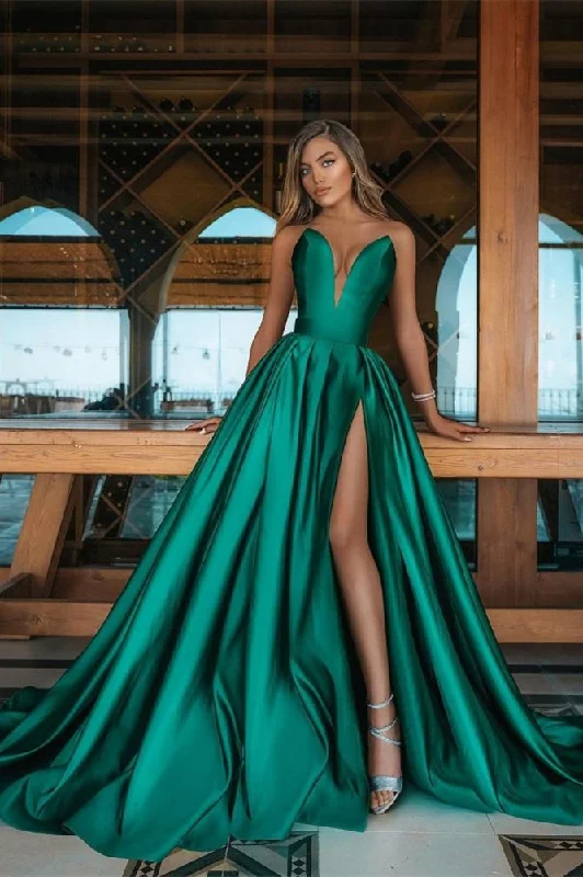 Satin and lace prom dresses for elegance-Emerald Green V-Neck Prom Dress Long With Split gh662 Satin and lace prom dresses for elegance-Emerald Green V-Neck Prom Dress Long With Split gh662