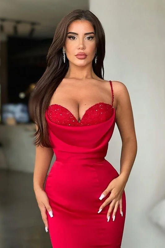 Stylish satin and lace prom dresses-Fabulous Red Spaghetti-Straps Mermaid Prom Dress Long With Beads gh1951 Stylish satin and lace prom dresses-Fabulous Red Spaghetti-Straps Mermaid Prom Dress Long With Beads gh1951