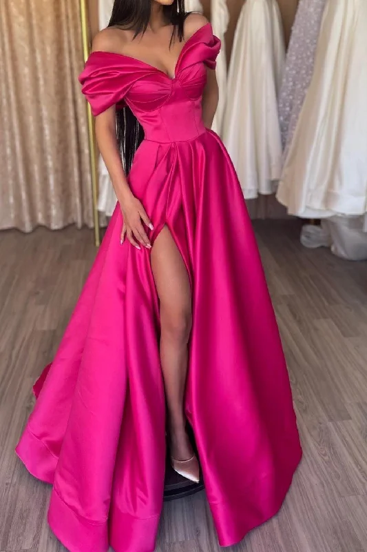 Chic prom dresses for a sophisticated look-Fuchsia Portrait A-Line Prom Dress With Split gh651 Chic prom dresses for a sophisticated look-Fuchsia Portrait A-Line Prom Dress With Split gh651