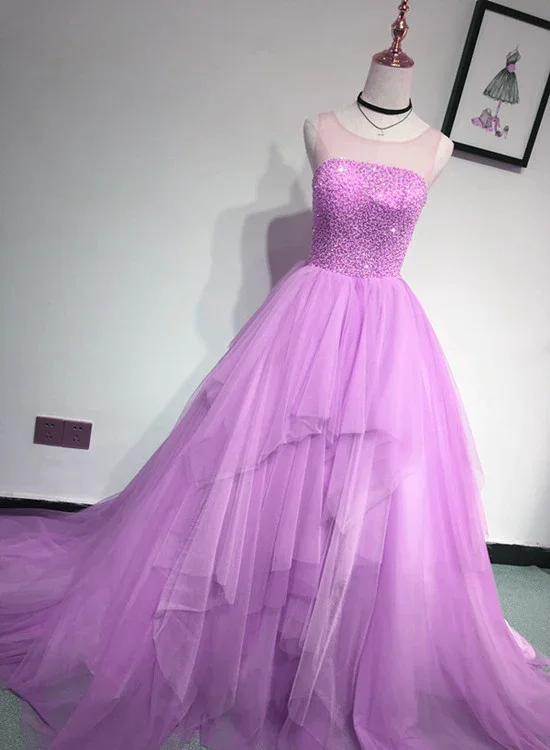 Embellished prom dresses with sparkling gems-Glam Light Purple Tulle High Low Beaded Layers Party Dress, Formal Dress gh547 Embellished prom dresses with sparkling gems-Glam Light Purple Tulle High Low Beaded Layers Party Dress, Formal Dress gh547