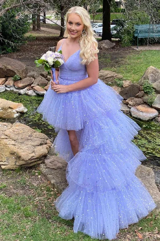 Romantic ruffled prom dresses for fun vibes-Glitter Hi-Low Lavender Tiered Tulle Prom Dress gh2249 Romantic ruffled prom dresses for fun vibes-Glitter Hi-Low Lavender Tiered Tulle Prom Dress gh2249