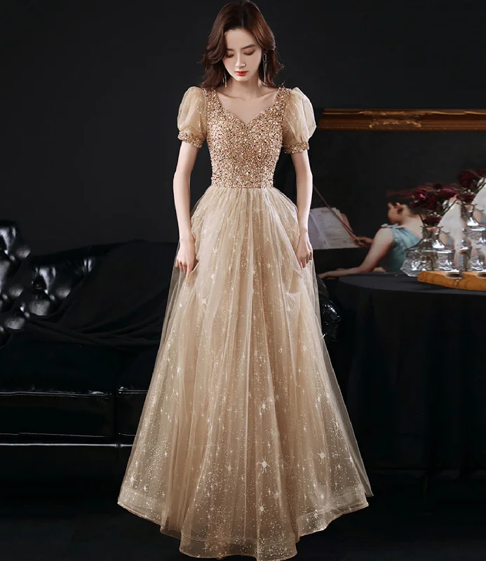 Perfect prom dresses for different body types-Gold tulle beads long A line prom dress evening dress 8860 Perfect prom dresses for different body types-Gold tulle beads long A line prom dress evening dress 8860