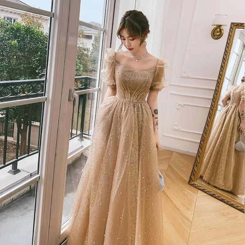 Chic maxi prom dresses for high fashion-Gold tulle long prom dress A line evening dress 10085 Chic maxi prom dresses for high fashion-Gold tulle long prom dress A line evening dress 10085